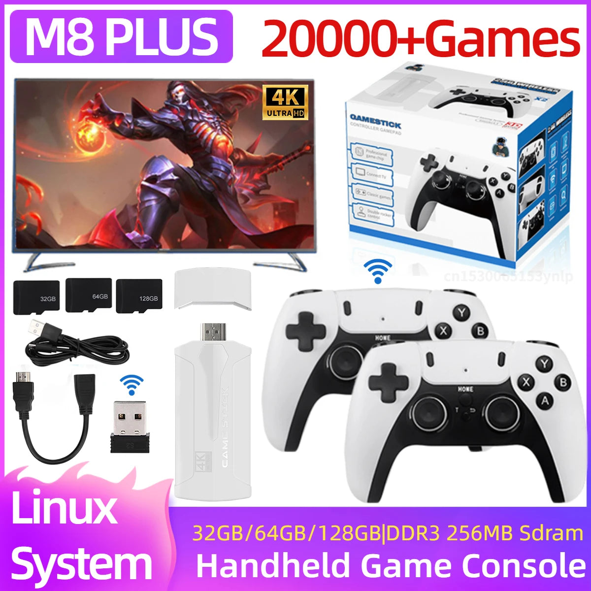 M8/M8 PLUS Video Game Console For PS1/FC/GBA Wireless Controller TV Game Stick 4K HD 20000+Games Retro Handheld Game Player Gift