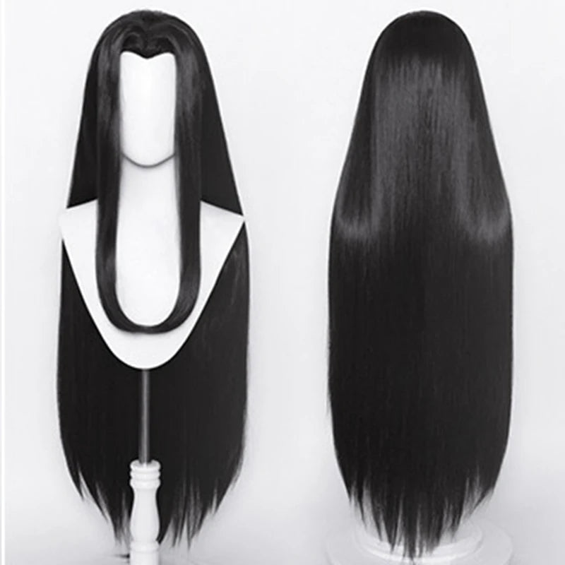 80cm Wigs 100cm Black Long Straight Centre Parting Widow's Peak Styled Heat Resistant Synthetic Hair Anime Cosply Wig + Wig Cap