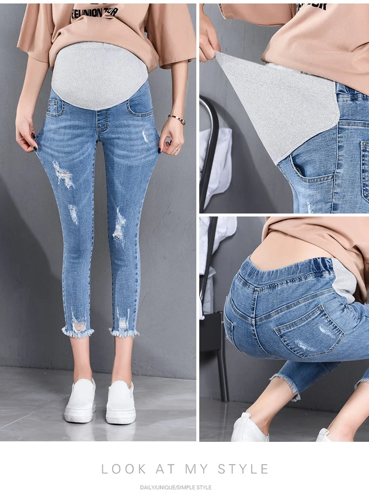 7/10 Stretch Denim Maternity Jeans Spring Summer Waist Support Belly Pencil Pants for Pregnant Women Ripped Hole Slim Pregnancy