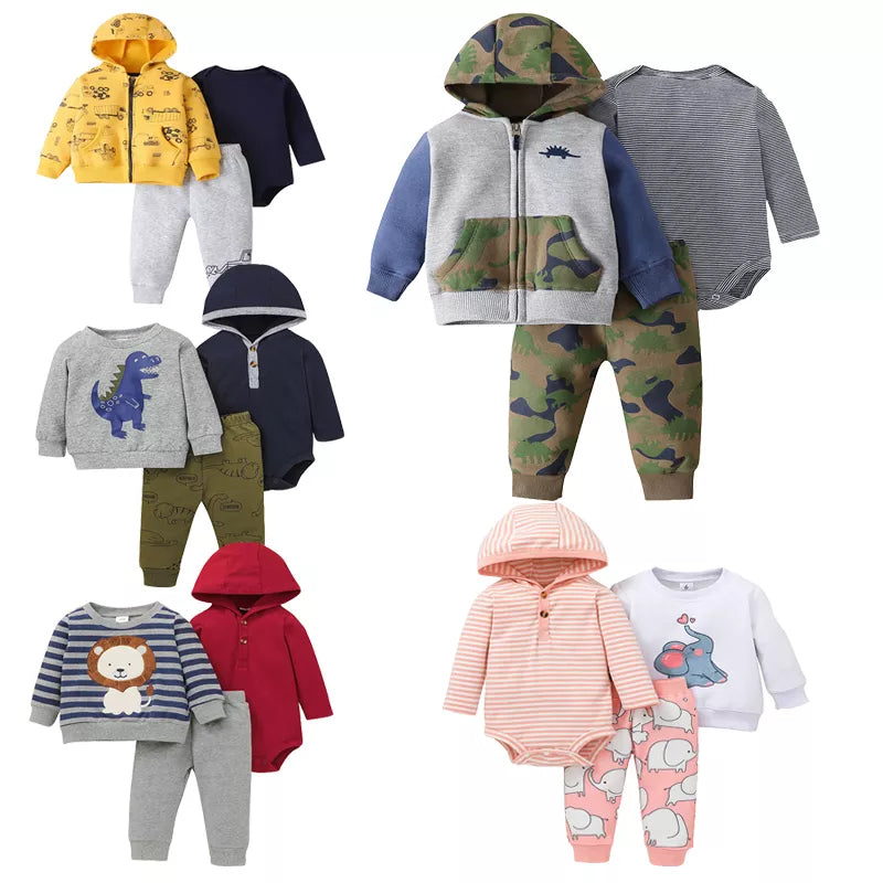 Spring Autumn Cotton Baby Boys Clothes Sets Cartoon Printed Baby Coat+Baby Pants+Baby Bodysuits Long Sleeves Girls Clothes Sets