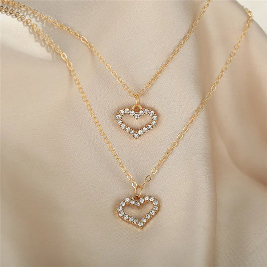 Vintage Crystal Heart Star Layered Pendant Necklace for Women Charm Water Drop Moon Choker Chain Wedding Party Jewelry Gift