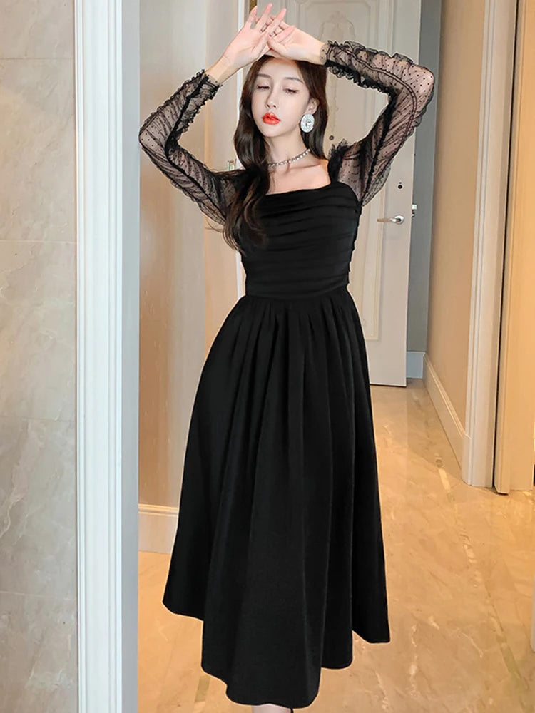 French Elegant Prom Dresses Woman Retro Chic Black Sheer Dot Mesh Folds Pleated Swing Robe Female Party Banquet Vestidos Mujer