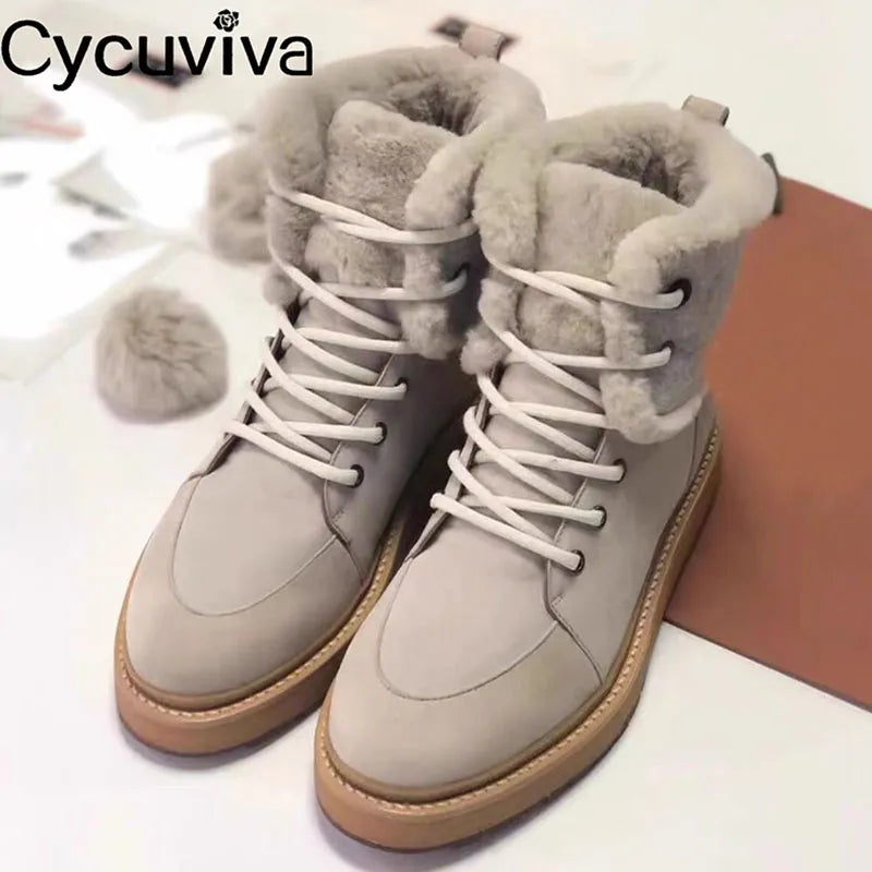 2023 New Natural Wool Snow Ankle Boots For Women Winter Warm Flat Platform Fur Shoes Lace Up Summer Walk Flat Knight Boots Women