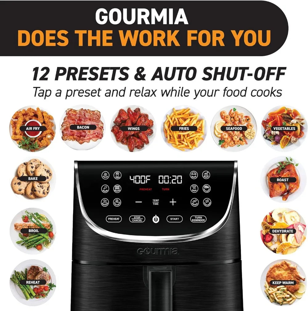 Gourmia Air Fryer Oven Digital Display 7 Quart Large AirFryer Cooker 12 Touch Cooking Presets, XL Air Fryer Basket 1700w Power