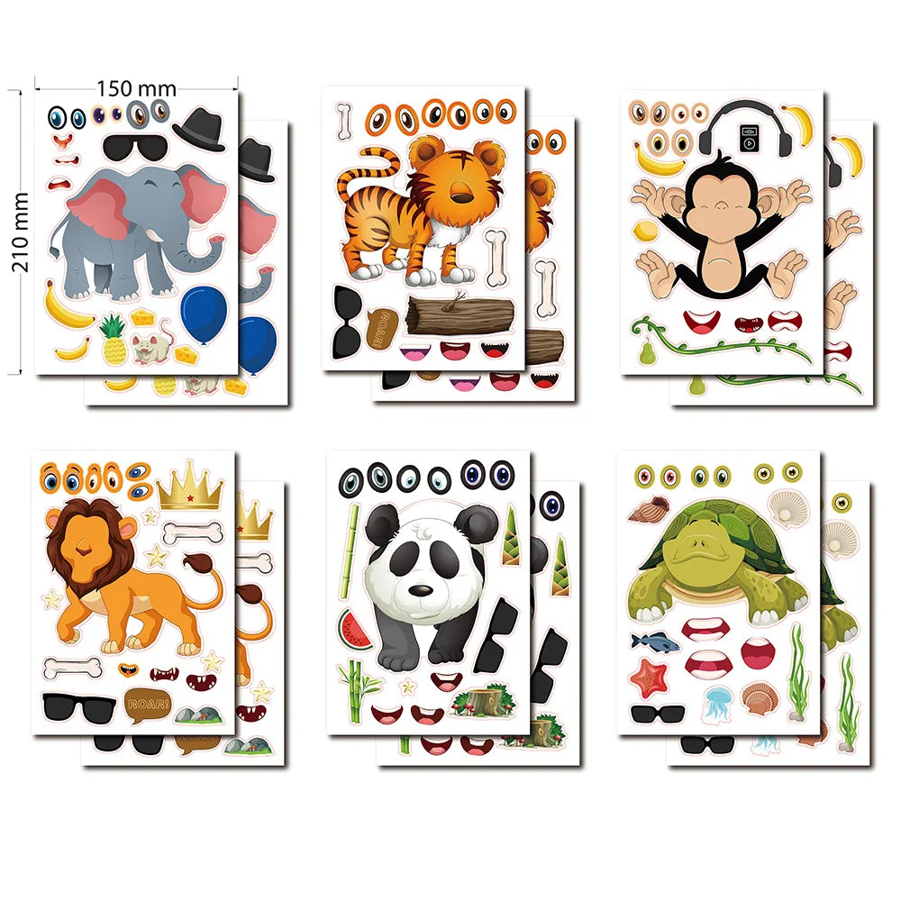 6/12Sheets Kids DIY Stickers Puzzle Games Make A Face Animal Assemble Jigsaw Sticker Children Training Education Toy Reward Gift