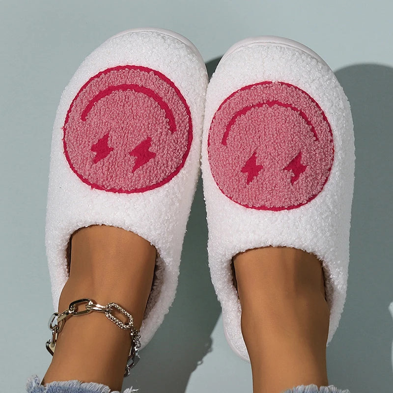 Cartoon Yellow Smile Slippers Women 2023 Winter Soft Sole Fluffy Fur Slippers Woman Flat Heels Plush Bedroom Home Cotton Shoes