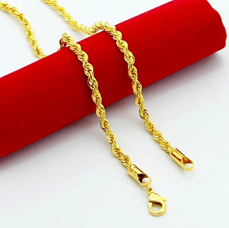 AGTEFFER Hip Hop 24K Gold Necklace 3MM Twisted Rope Twist Electroplating Gold Necklace for Men Women Wedding Jewelry Gifts