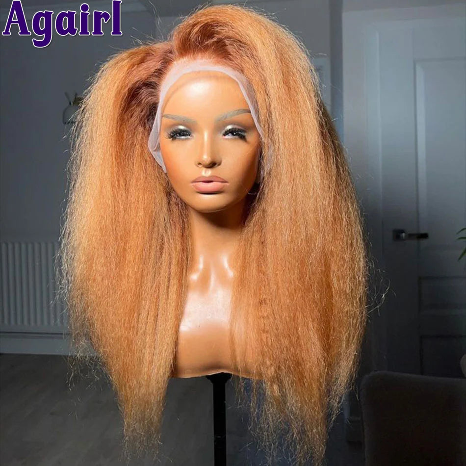 180% Orange Brown Yaki Kinky Straight Human Hair Wigs 13x4 13x6 HD Lace Frontal Wig Pre Plucked Glueless 6x4 Lace Wigs for Women