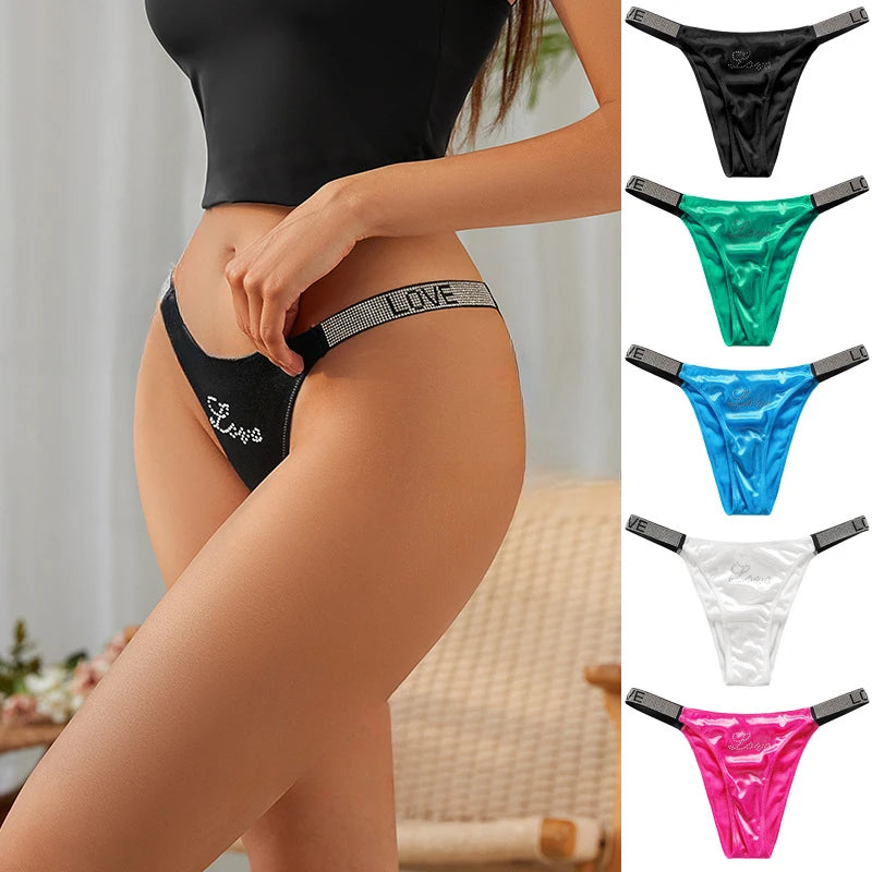 Rhinestones Letter Strap Satin Panties Thongs Women Sexy Fluorescent Color Underwear Low Rise Cotton Crotch G-string Lingerie