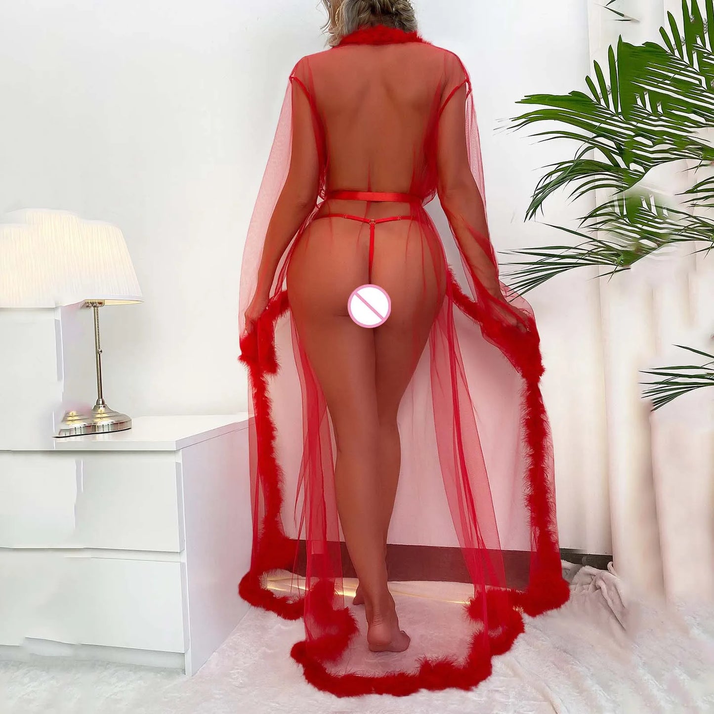 Women Robe Long Nightgown Bathrobe Sleepwear Feather Bridal Robe Lace Lingerie Night Wear Bathrobes Mesh Valentines Lingerie