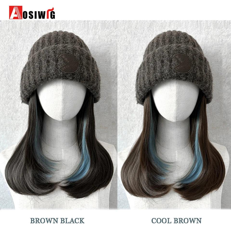 Off White  Hat Wig Beanies Hat With Hair Wigs For Women Synthetic Short Straight Hair Warm Ski Plush Knitted Autumn Winter Cap W