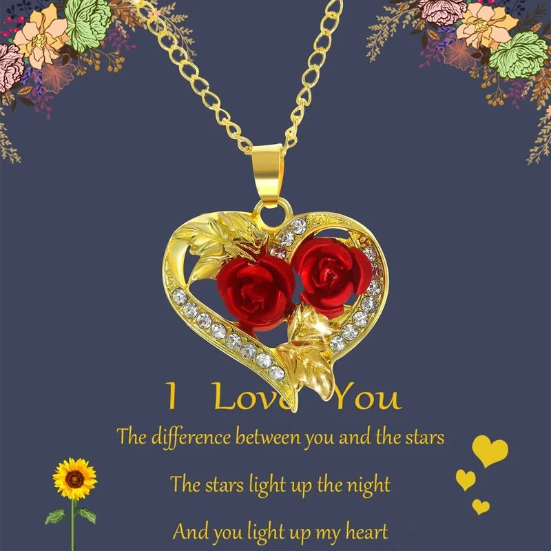 Fashion Income Double Heart Rose Necklace Exquisite Love Rose Represents Your Love Heart Gift for Your Beloved Girl