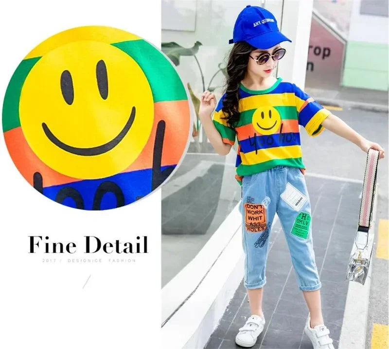 Summer Kids Toddler Girls Clothing Set Striped Smiley Shirt+Pant Short Sleeve Cotton Children Girls Clothes 4 5 6 7 8 9 10 years