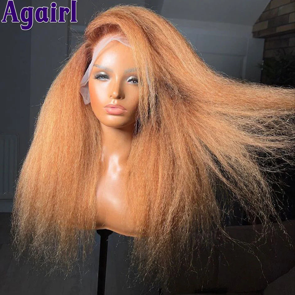 180% Orange Brown Yaki Kinky Straight Human Hair Wigs 13x4 13x6 HD Lace Frontal Wig Pre Plucked Glueless 6x4 Lace Wigs for Women