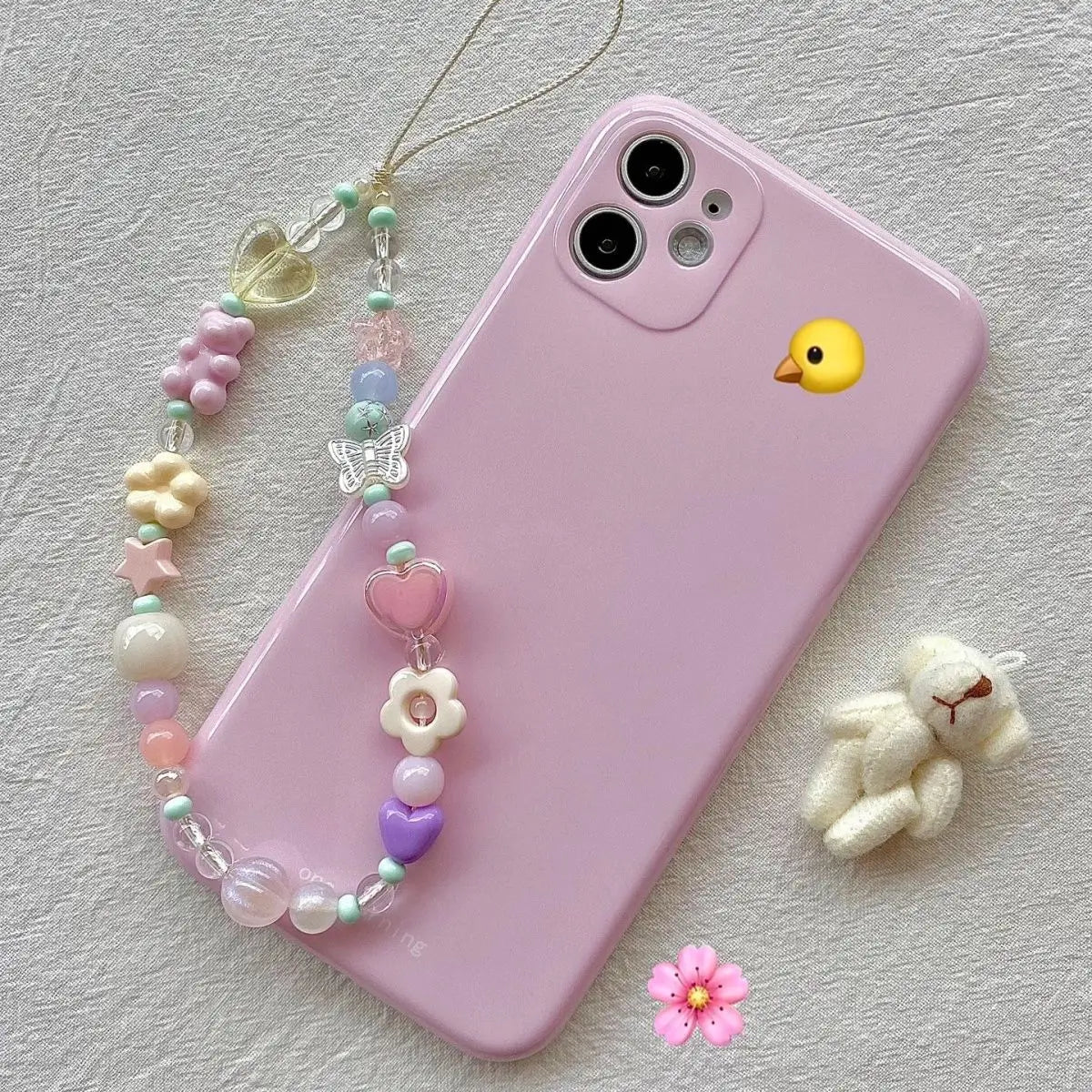 Y2K Kawaii Girl Pink Teddy Bear Flower Cell Phone Charm Wrist Strap Lanyard Anti-loss Camera Keychain for IPhone Accessory