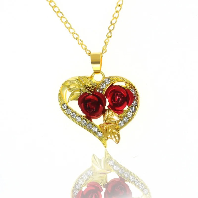 Fashion Income Double Heart Rose Necklace Exquisite Love Rose Represents Your Love Heart Gift for Your Beloved Girl