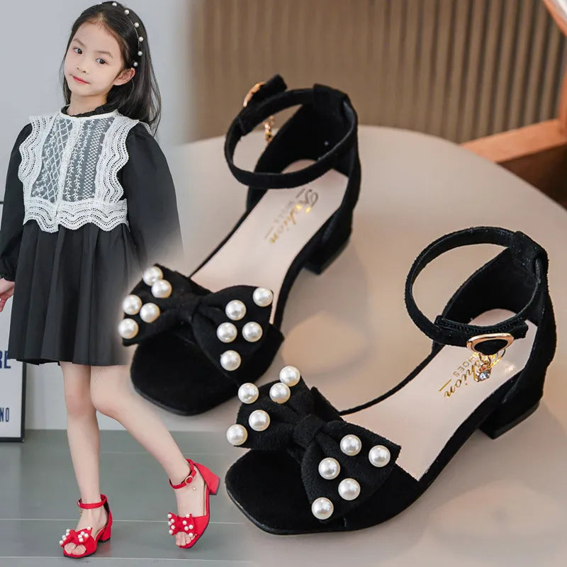 Girls' Elegant Princess Sandals Crystal Beads Lacquer Leather Children's Shoes Open Toe Low Heel Solid 2023 Summer New Kid Shoes