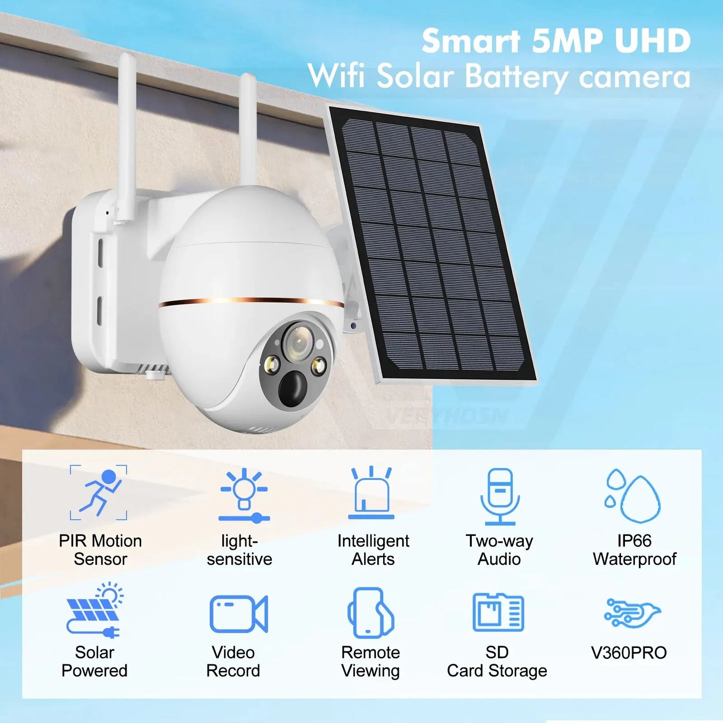 5MP PTZ Solar Power Camera WiFi IP Outdoor IP66 8000mAh Low Comsunption Panel Built-in Battery Surveillance PIR Human Detection