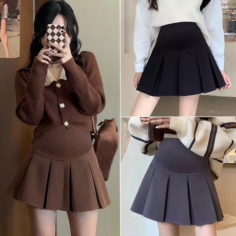 1030#  Autumn Winter Woolen Maternity Skirts Pleated A Line Elastic Waist Belly Clothes for Pregnant Women Hot Pregnancy Shorts