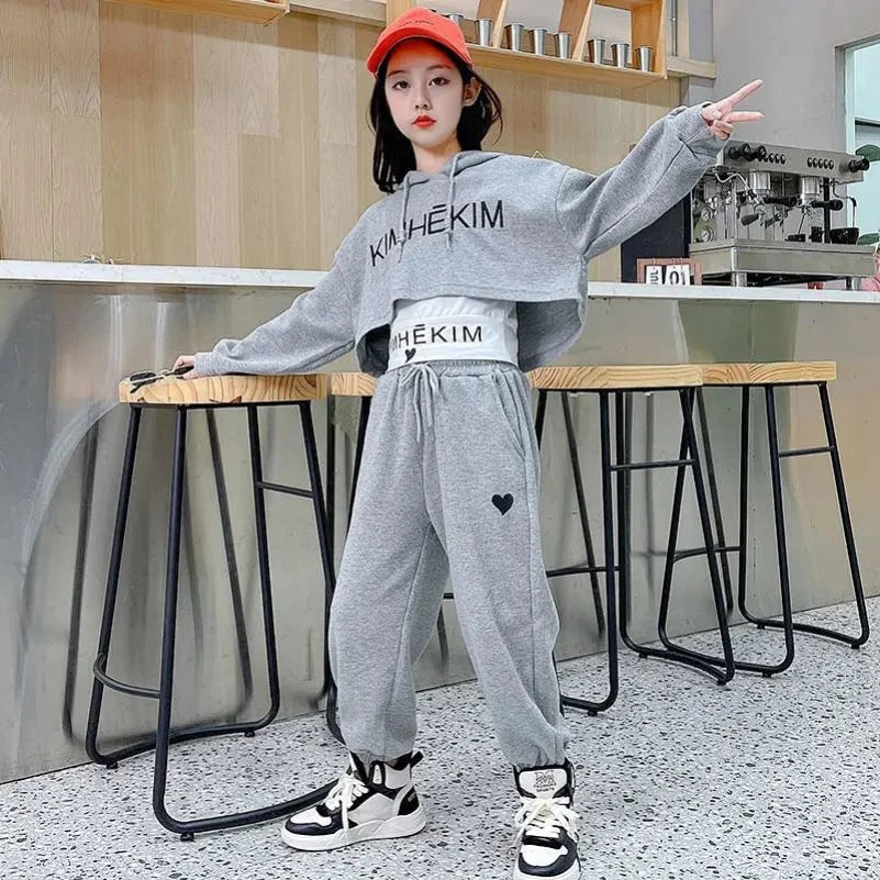 Girls Casaul Fashion Korean Style Tracksuit Kids 3pcs Vest+Hoodie+Pants Sport Suits Teenage 5-14 Years Girls Clothing