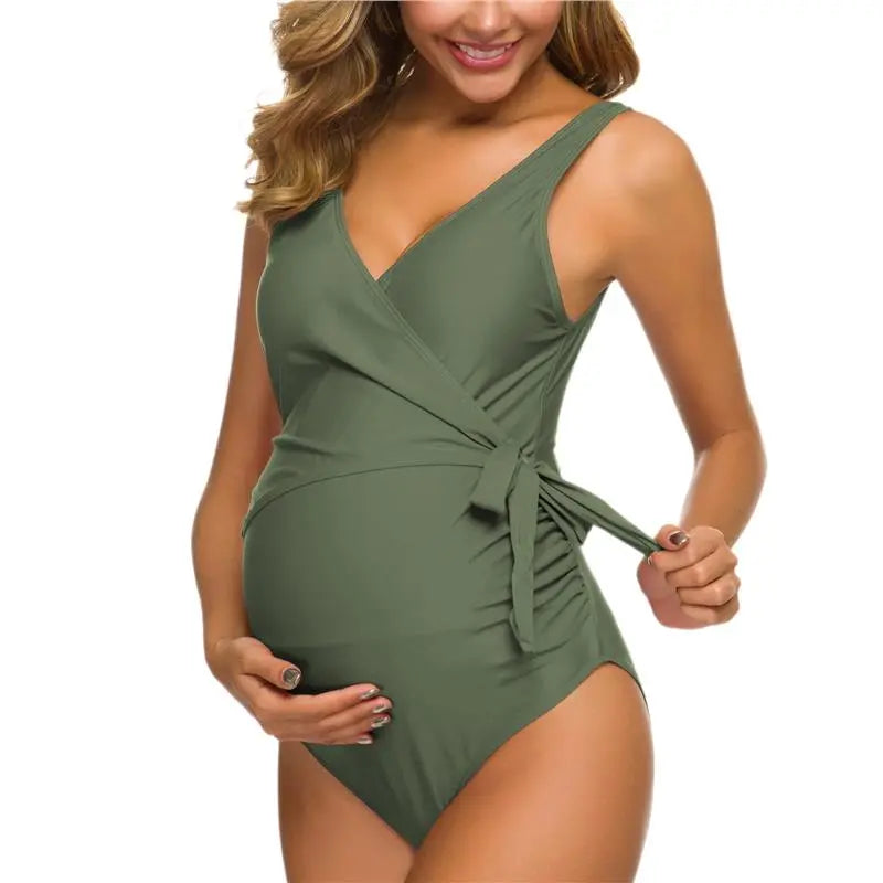 Liu&Qu Maternity Swimsuit One Piece V Neck Pregnancy Swimwear Elegant Tie Front Bowknot Bathing Suit Monokini Summer