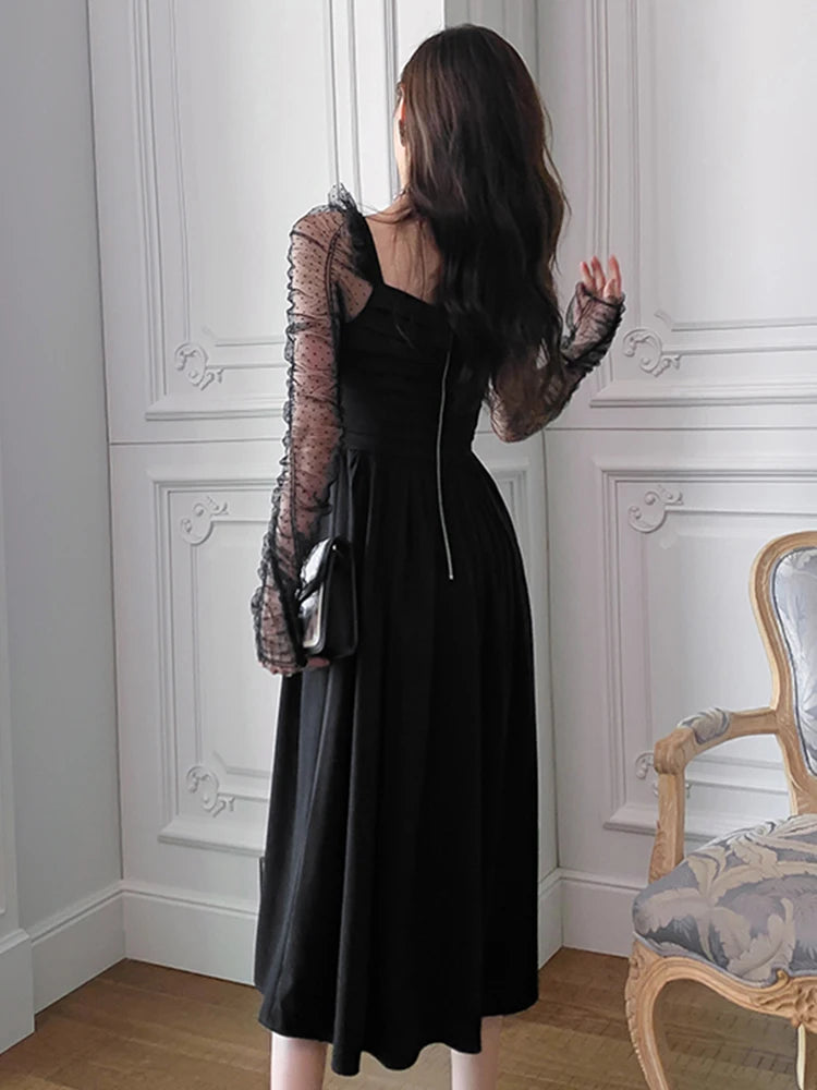 French Elegant Prom Dresses Woman Retro Chic Black Sheer Dot Mesh Folds Pleated Swing Robe Female Party Banquet Vestidos Mujer