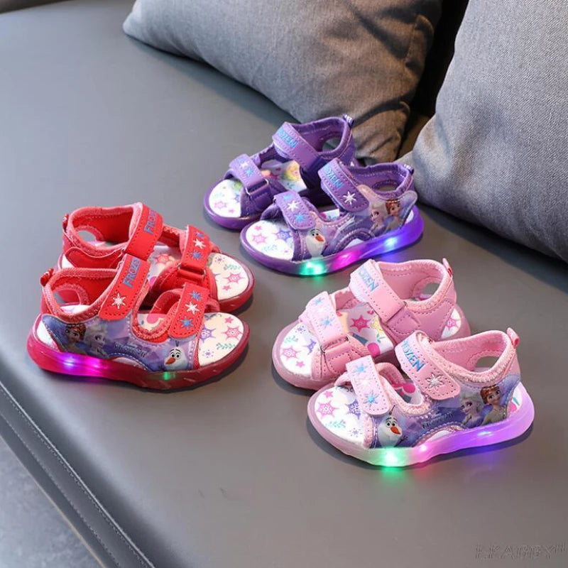 Disney Cartoon Elsa LED Sandals Fashion Beach Glowing Kids Pink Purple Casual Shoes Elegant Lighted Children Sandals Size 21-30