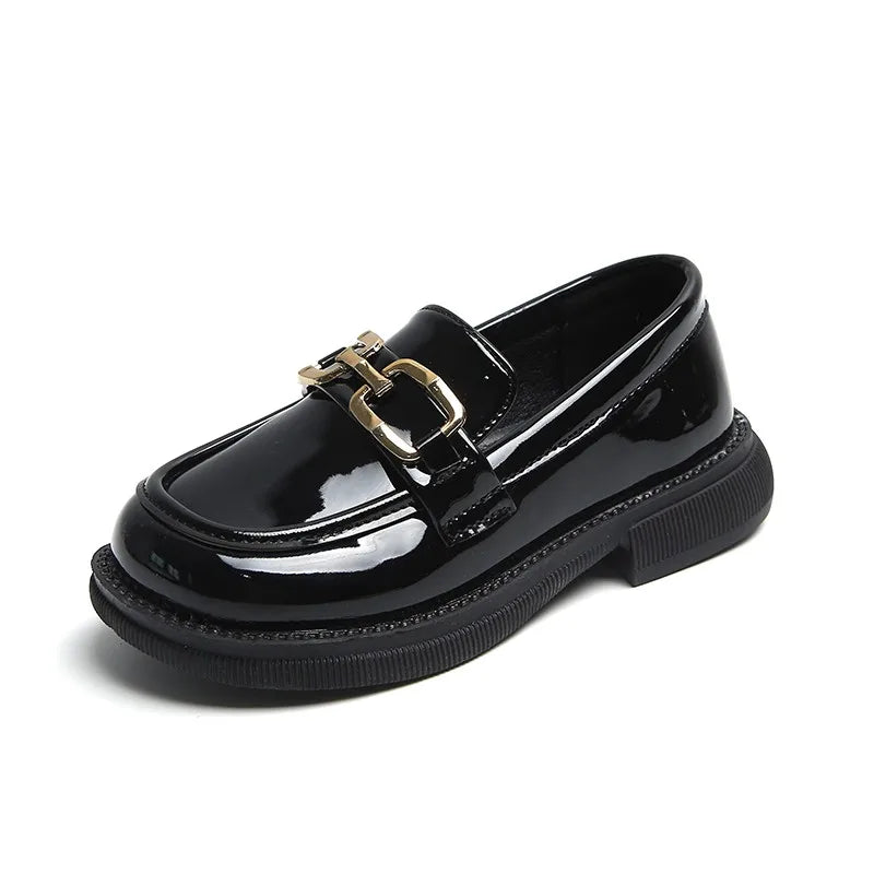 Girls Leather Shoes 2023 Spring New Kids Fashion Britain Style Casual Classic Buckle Loafers Black Glossy Breathable Slip-on PU