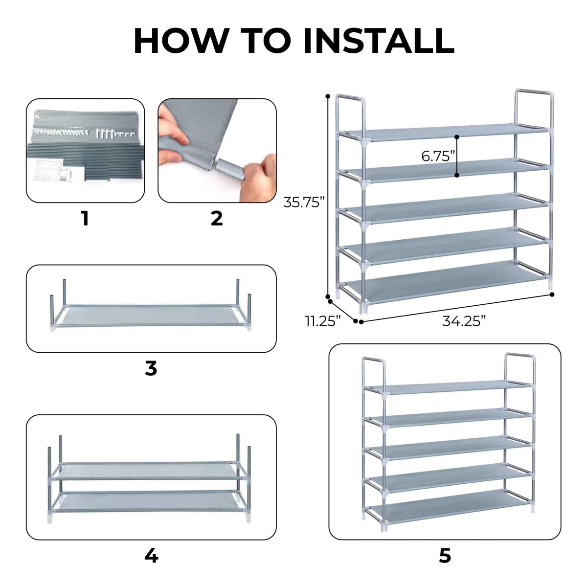 Shoe Rack Organizer 5 Tier , Space Saving, Easy Storage Shoe Organizer Stand for Closets, Entryways, and Bedrooms