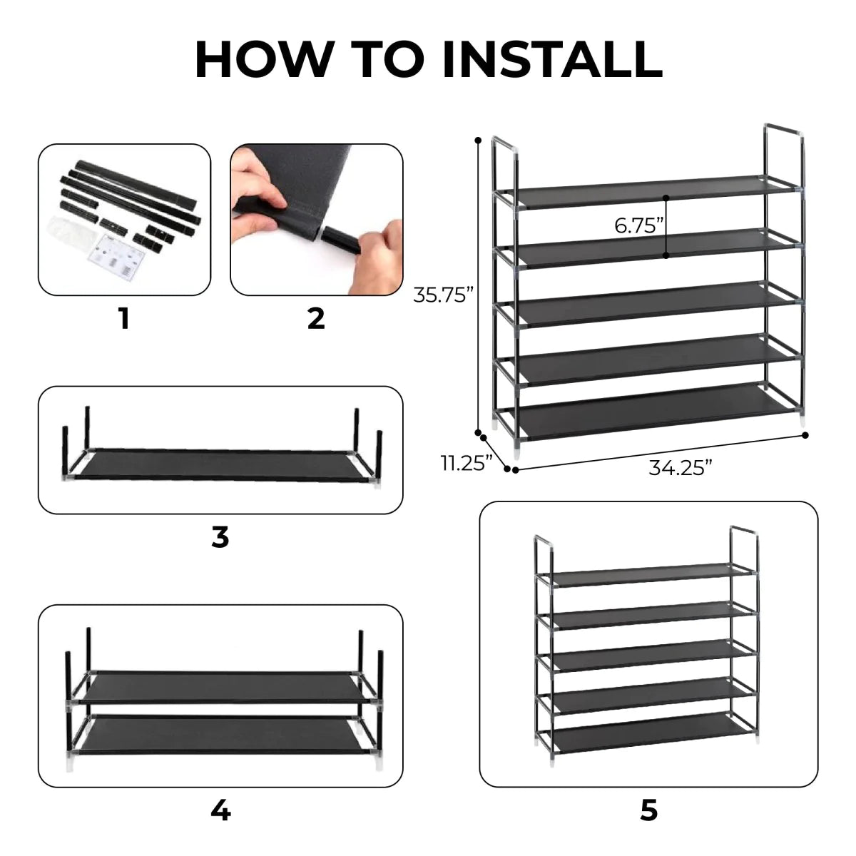 Shoe Rack Organizer 5 Tier , Space Saving, Easy Storage Shoe Organizer Stand for Closets, Entryways, and Bedrooms