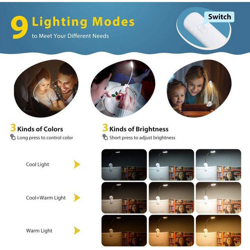 Eye-Caring 9 LED Clip-On Book Light for Reading in Bed, Light with 5 Brightness X4 4 Warm Yellow